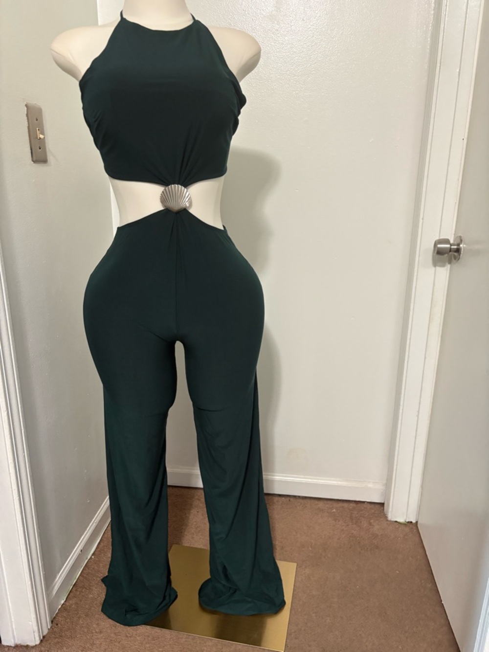 Fashion Nova Dark Green Halter Cutout Jumpsuit with Shell Accent